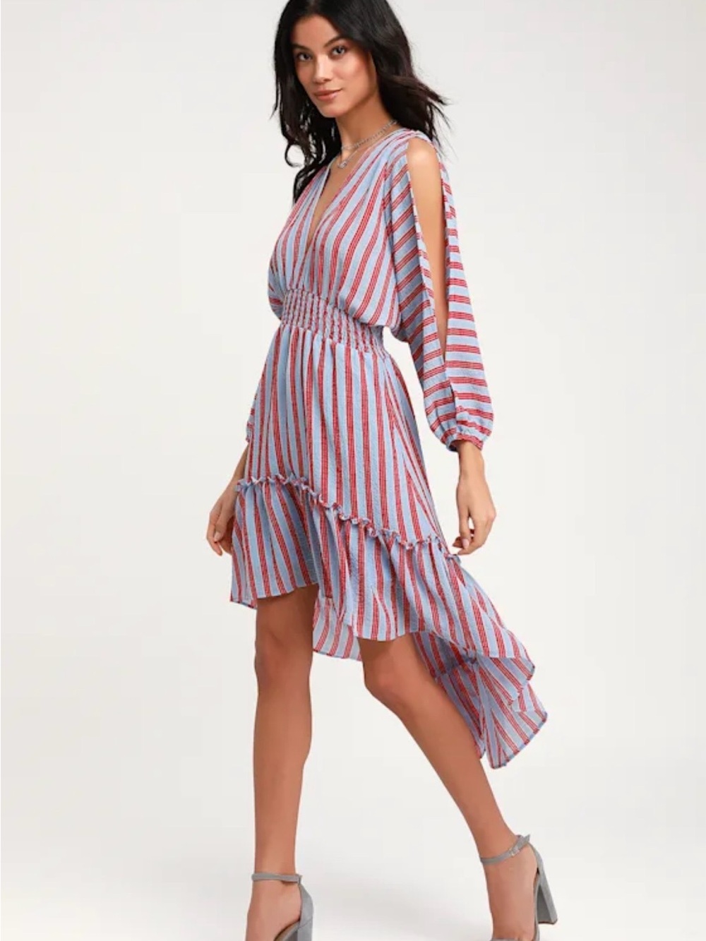 Striped High-Low V-Neck Dress in Red and Light Blue